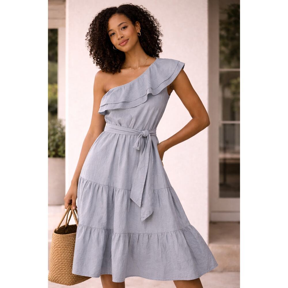 Nicole Miller Linen Blend One Shoulder Ruffle Chambray Midi Dress Size M
